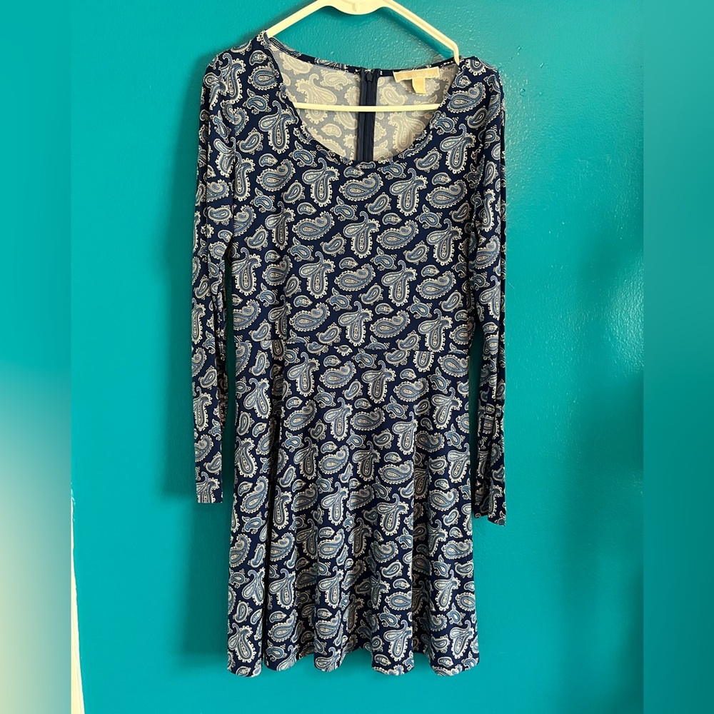 MICHAEL Michael Kors Navy & White Paisley Long-Sleeve Fit-and-Flare Dress